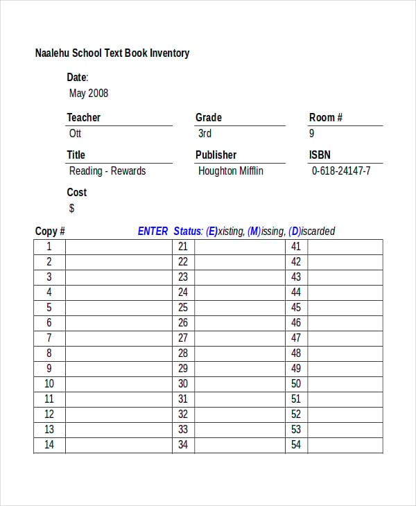 book inventory template