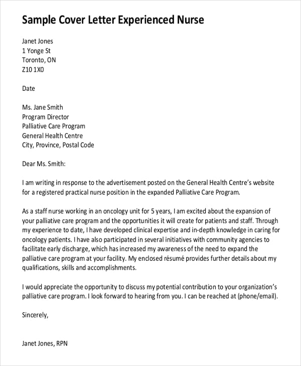 experienced nursing cover letter template