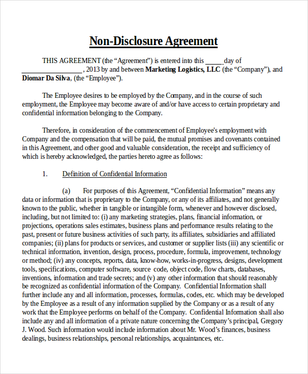 Non Disclosure Agreement Template Free Download prntbl