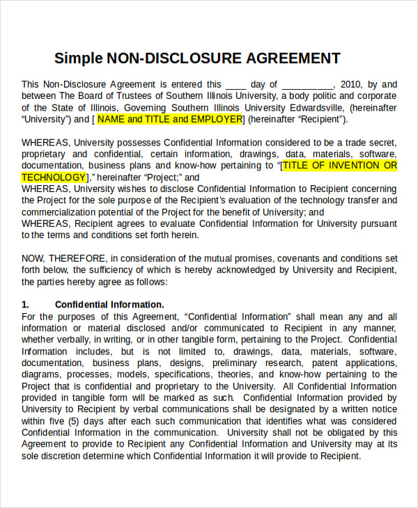 simple non disclosure agreement template