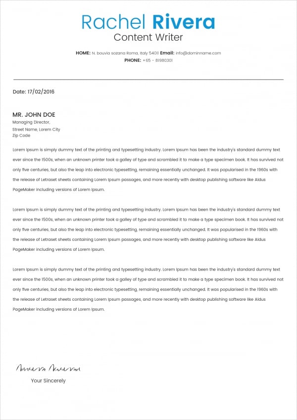 content writer cover letter example