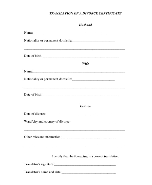 translation-of-a-divorce-certificate-template