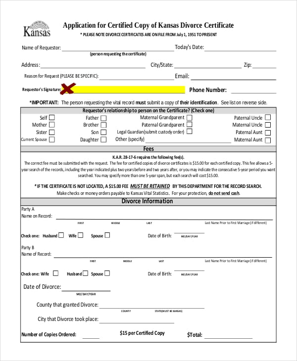 application form for divorce certificate template