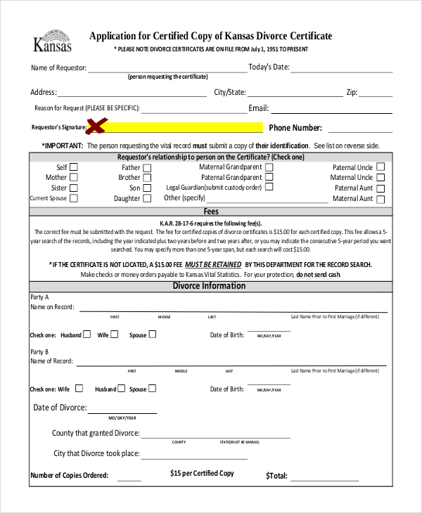 application form for divorce certificate template