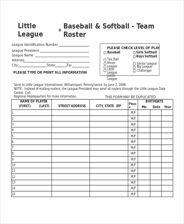 Tball Roster Template