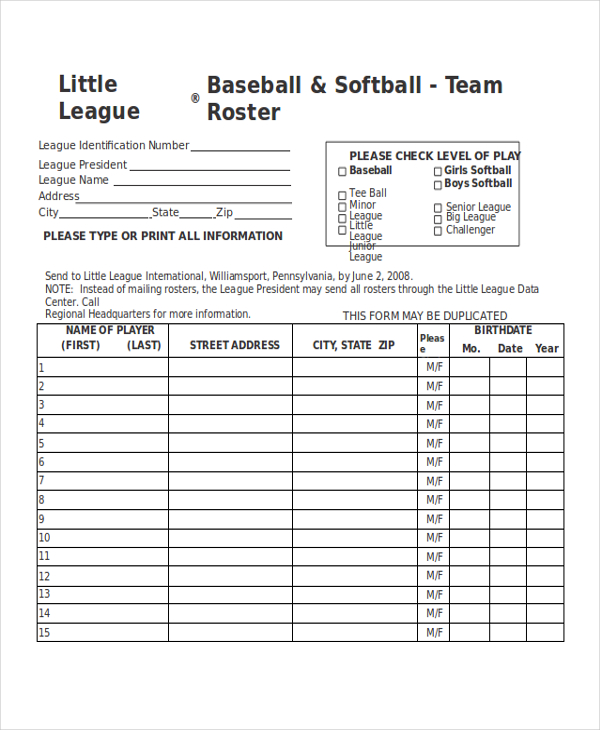 21  Roster Form Templates 0 FreeSample Example Format