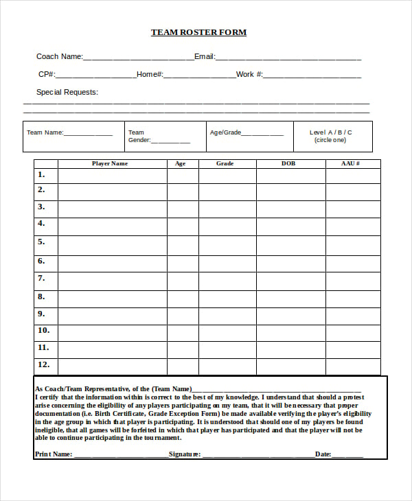 21+ Roster Form Templates 0 FreeSample, Example, Format Free