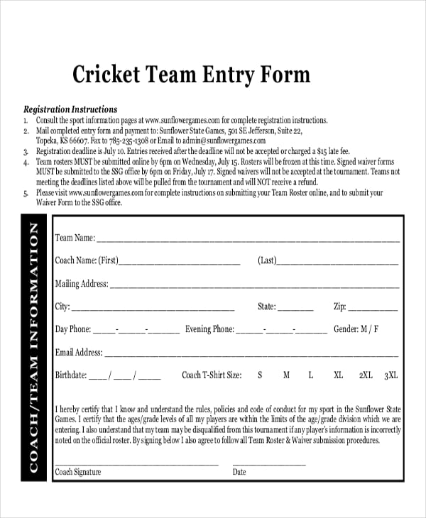 cricket roster form template