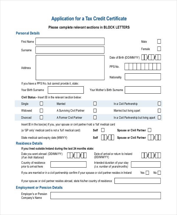 online application for a tax credit certificate