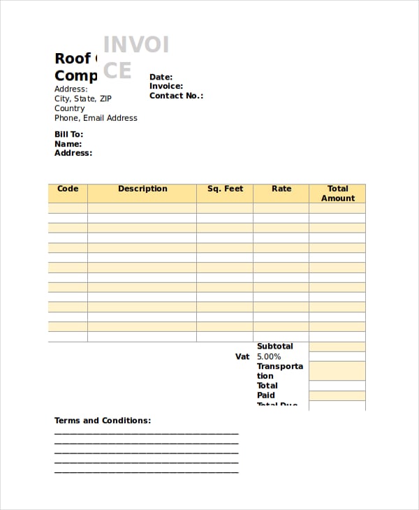 roof ceiling invoice template