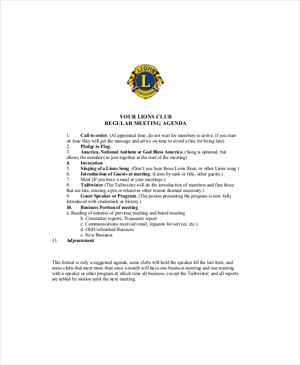 club regular meeting agenda