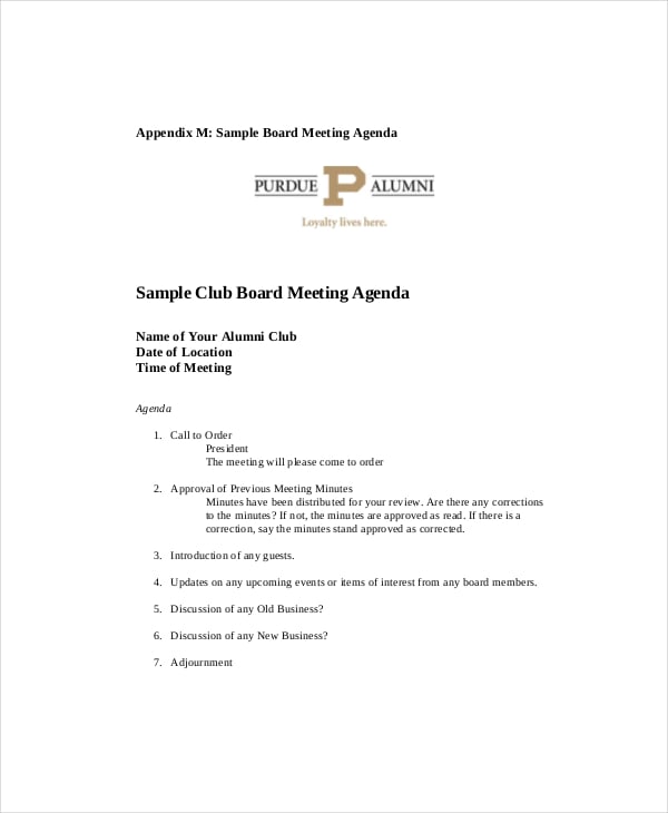 sample club board meeting agenda