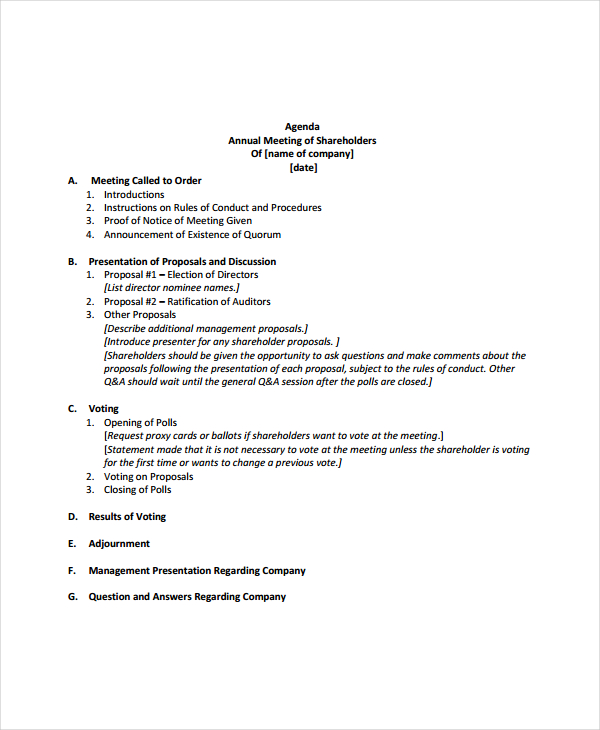 annual shareholders meeting agenda template