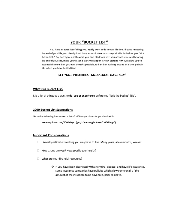 Bucket List Template 10+ Free Word, PDF Documents Download