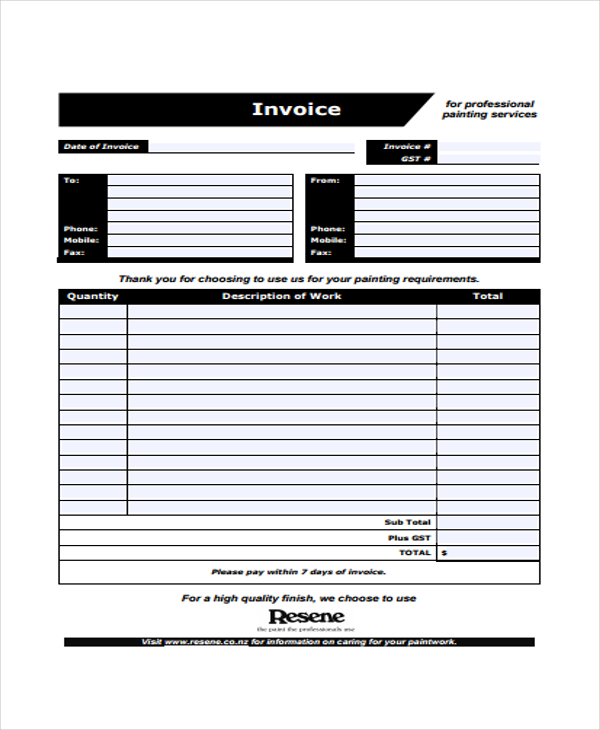 Elegant Painting Invoice Template 10 Free Excel PDF