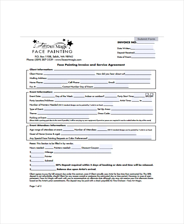 face painting invoice and service agreement