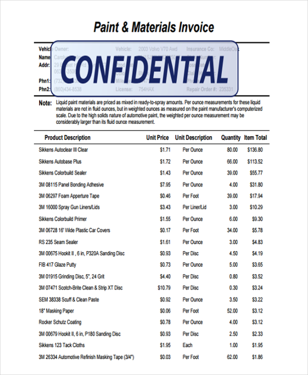 paint materials invoice template