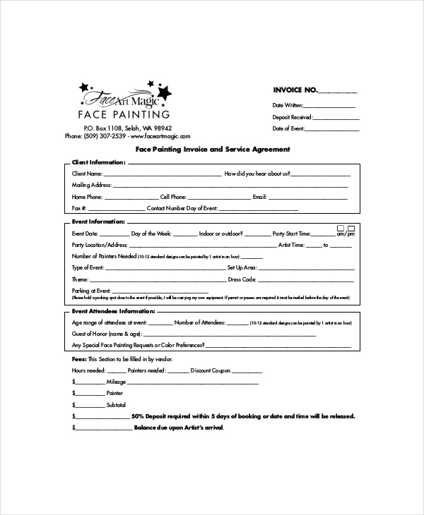 face painting invoice and service agreement1