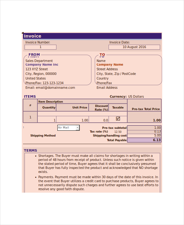 Painting Invoice Template 7 Free Excel PDF Word