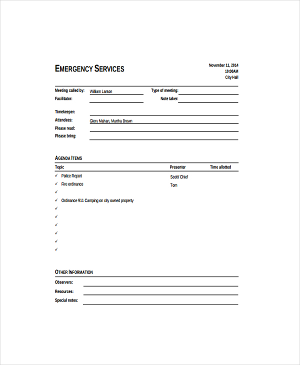 emergency informal meeting agenda template