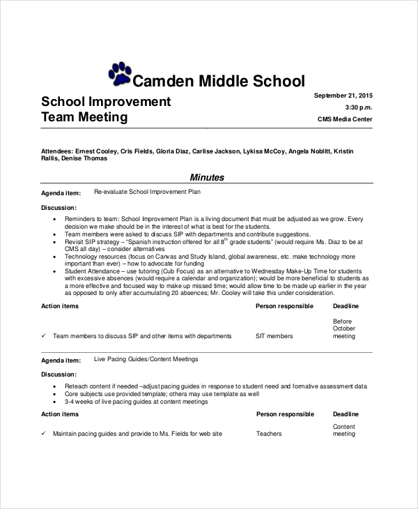 school improvement informal team meeting agenda