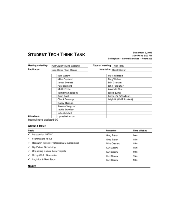 student informal meeting agenda template