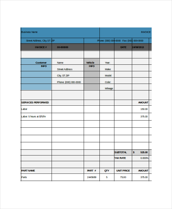 auto repair invoice template