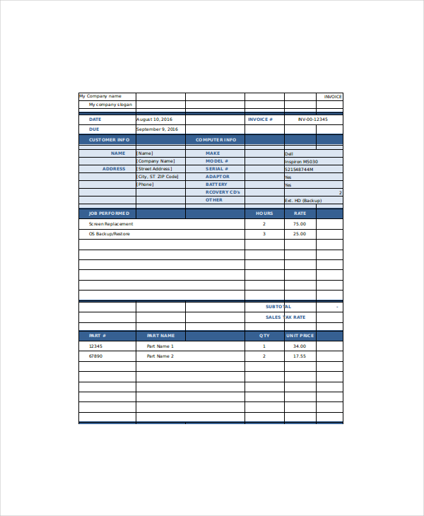 computer service bill format in word download