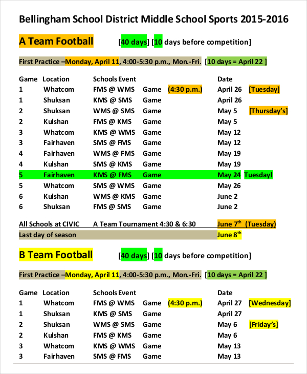 sports schedule calendar template