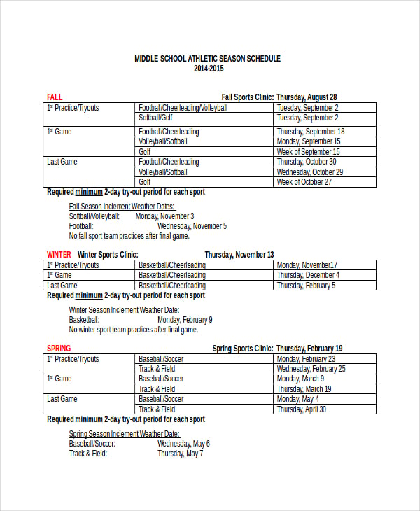 middle school sport season schedule template