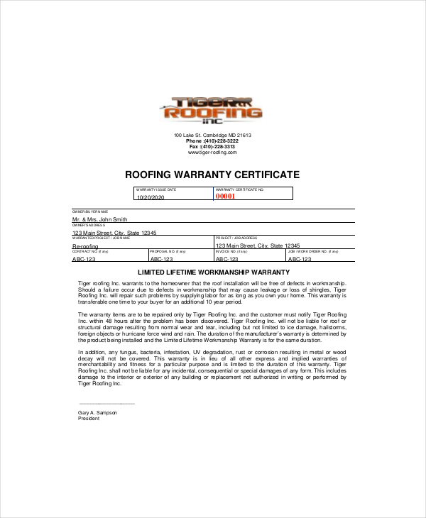 roofing warranty certificate template