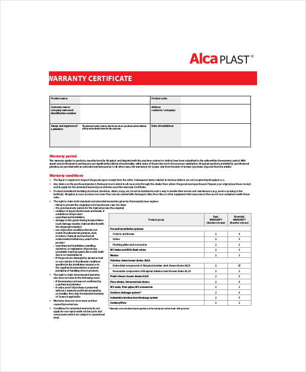 alca plast warranty certificate