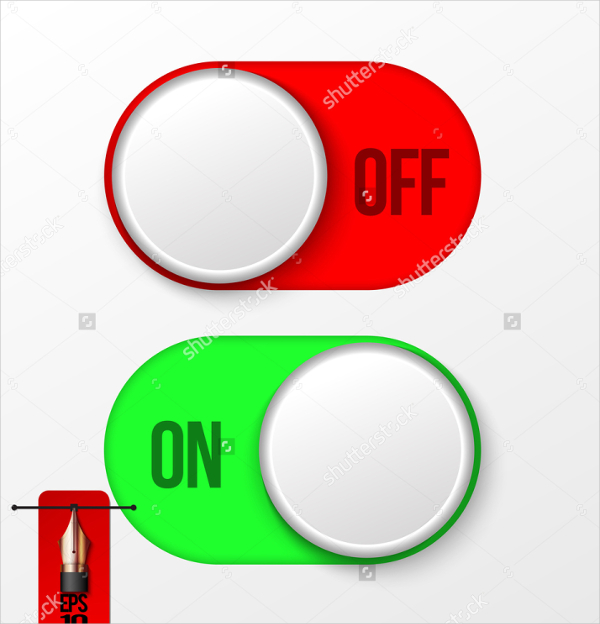 Switch toggle buttons. On and Off toggle switch icon with red and