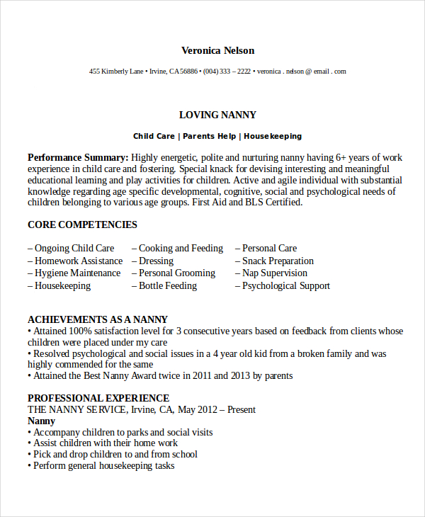 Nanny Resume Template - 5+ Free Word, PDF Document Download