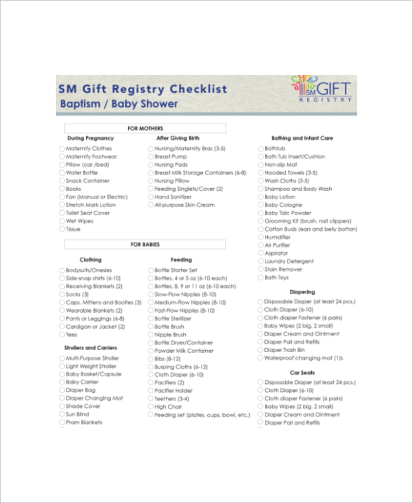 baby shower gift registry checklist