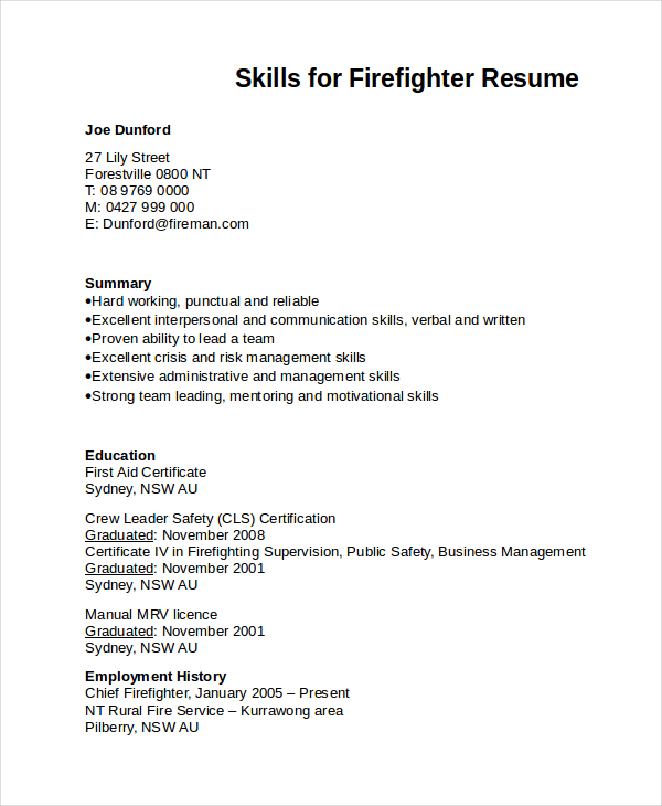 entry level firefighter resume no experience