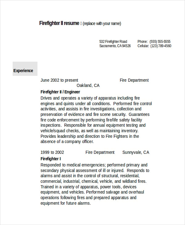 firefighter resume template