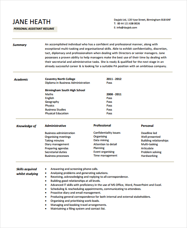 sample resume personal details