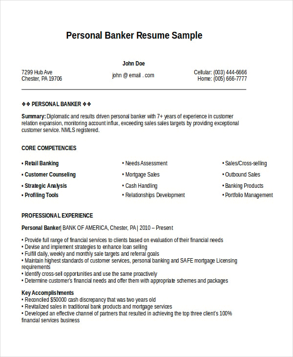 personal banker resume