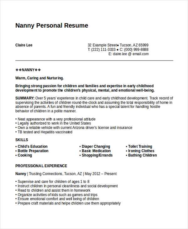 cv personal statement for nanny