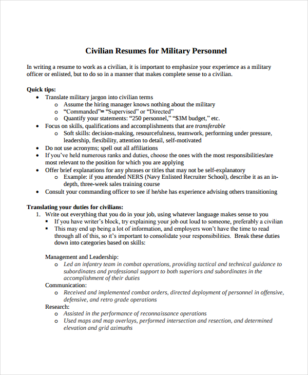 military personal resume