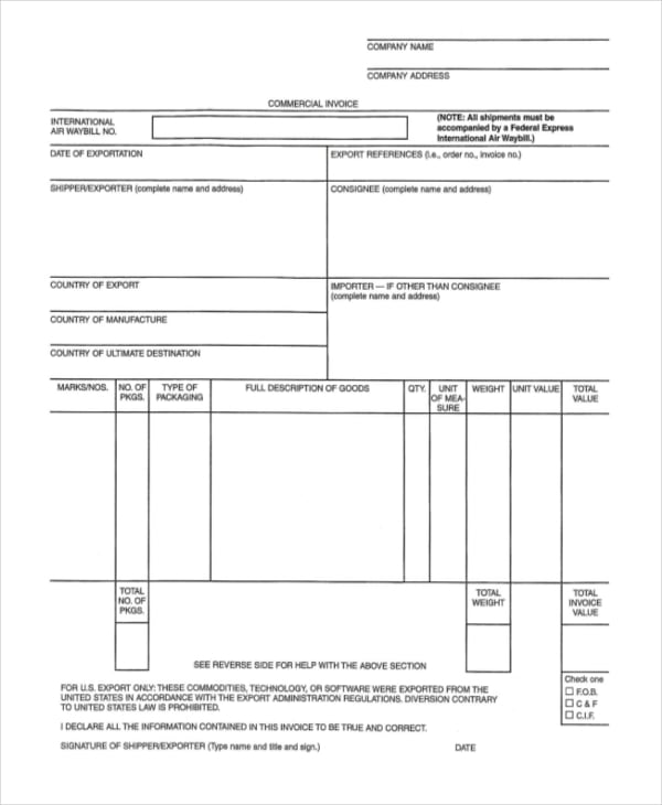 commercial invoice receipt template