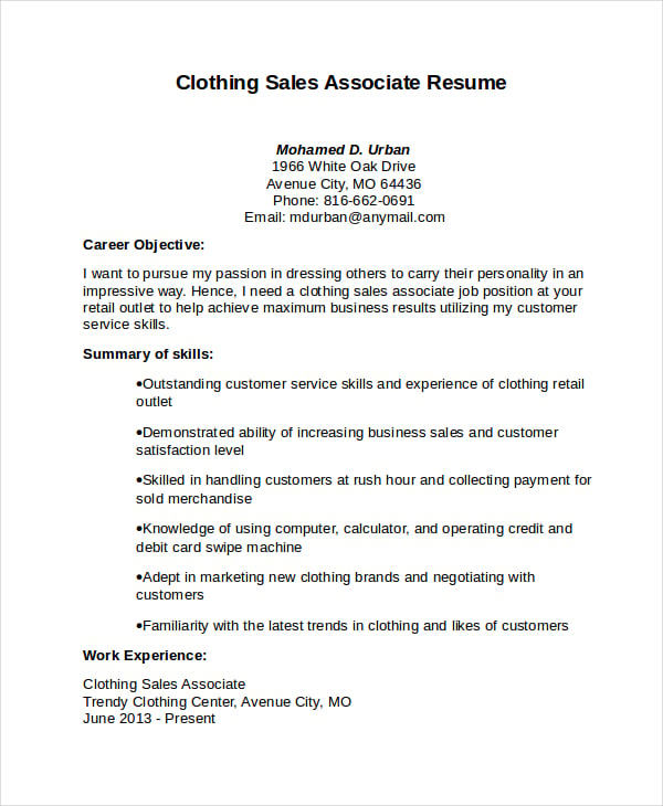 resume objective examples for sales associate