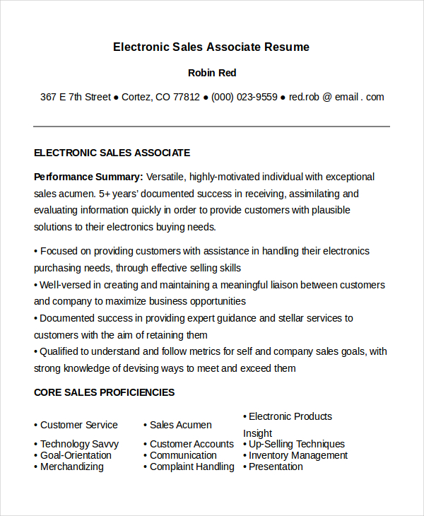 electronic sales associate resume