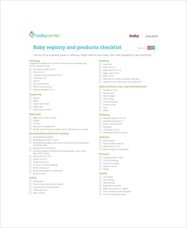 sample blank essential baby registry and products checklist