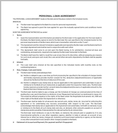 sample personal loan agreement template