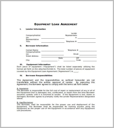 equipment loan agreement template in word