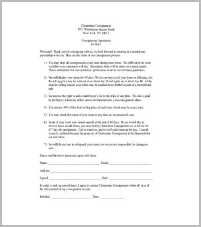 consignment agreement in store template pdf format