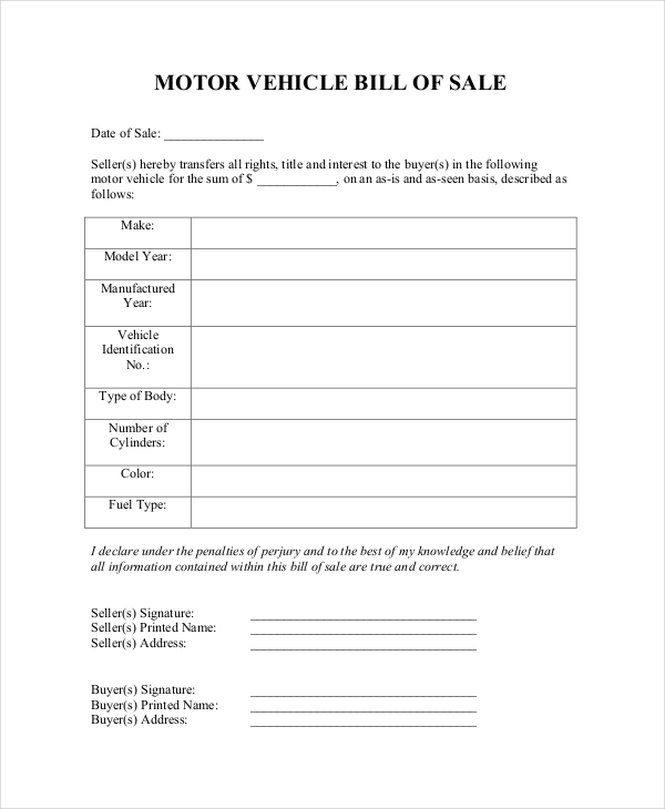 Printable Vehicle Bill Of Sale Auto Bill Of Sale Template Vehicle 