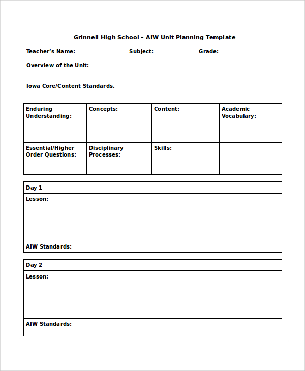 Blank Unit Lesson Plan Template